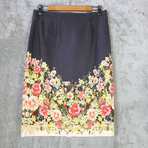 J Jill Stretch Pull On Pencil Skirt Gray Yellow Floral Spring Boho Chic Size S